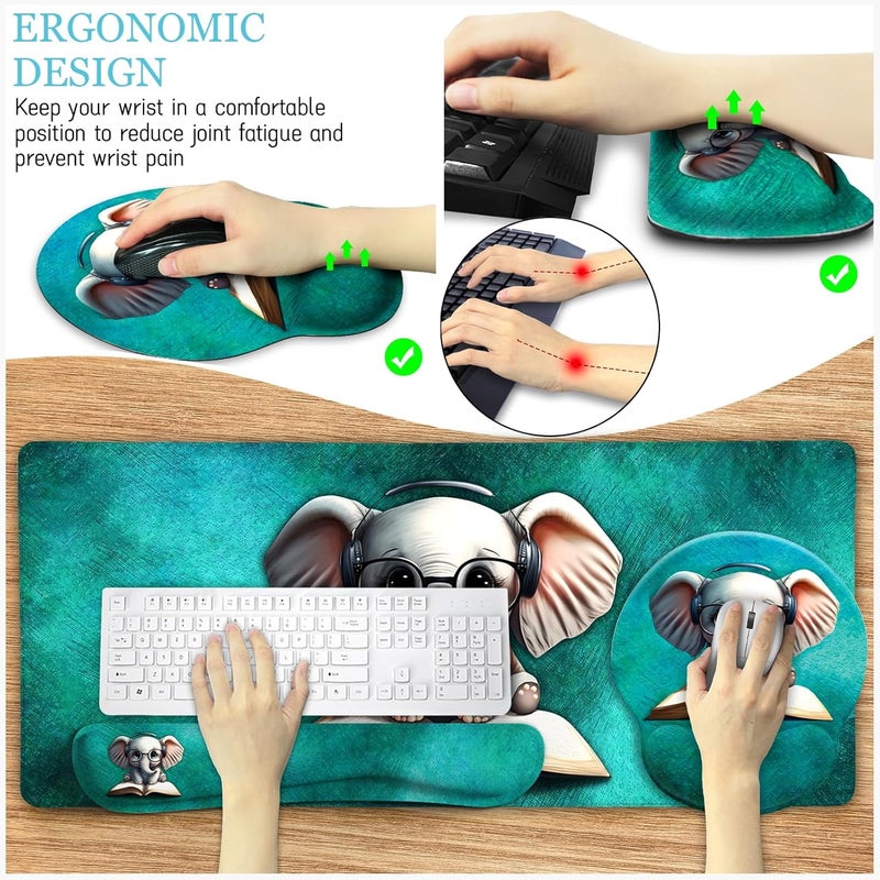 LIMKRIAN Desk Mat Pad, Large Gaming Mouse Pad with Wrist Rest Wrist Support, Ergonomic Mouse Pad Keyboard Mat Wrist Rest, Cup Coaster, Home Office Desk Accessories Decor Supplies, Cute Elephant - Image 4